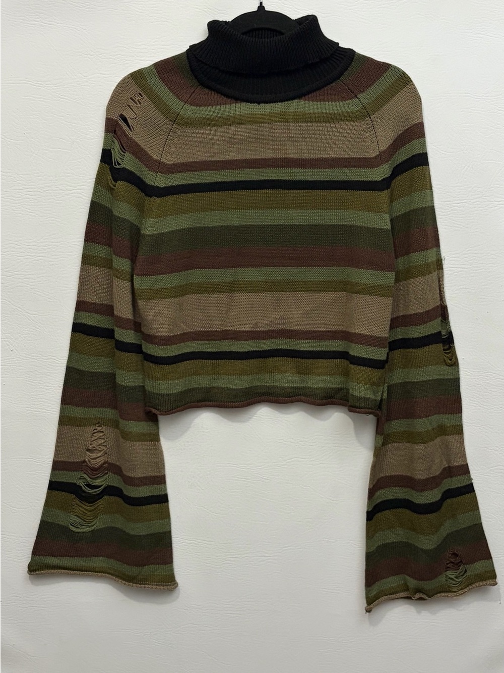 Social Collision Brown Black & Green Stripe Crop Girls Turtleneck Sweater XL